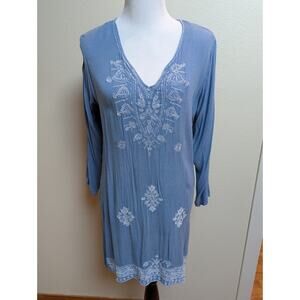 Women’s Blue Embroidered Tunic Dress Boho V Neck 3/4 Sleeve Lightweight
